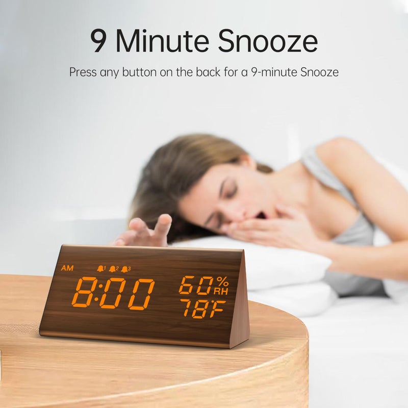 JALL Digital Alarm Clock, with Wooden Electronic LED Time Display, 3 Alarm Settings, Humidity & Temperature Detect, Wood Made Electric Clocks for Bedroom, Bedside (Brown) - Image 3